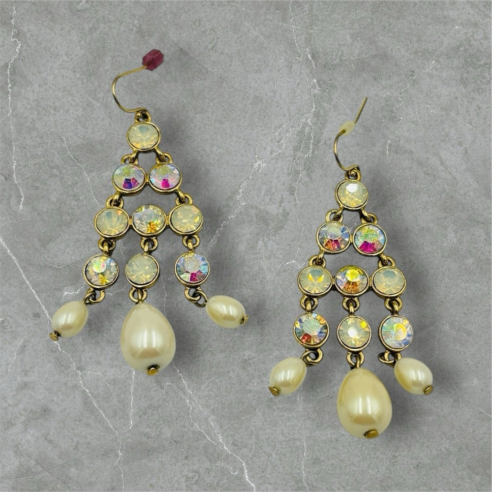 Vintage Carolee Faux Pearl Chandelier Earrings AB Crystal Dangle Bride Holiday